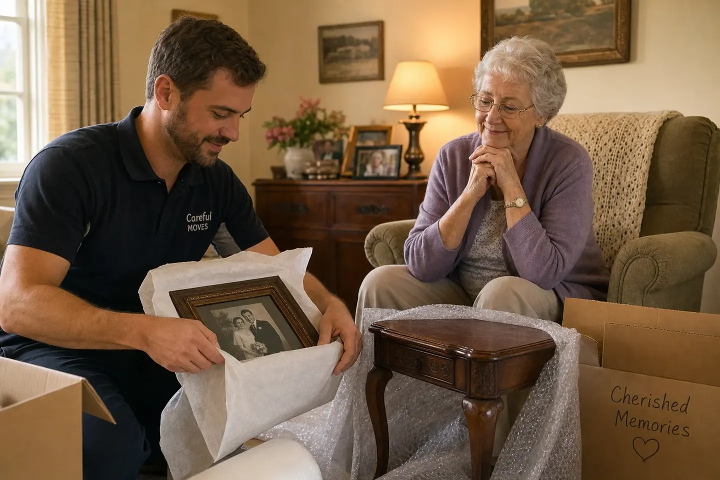 Removalist gently wrapping a treasured item for an elderly client