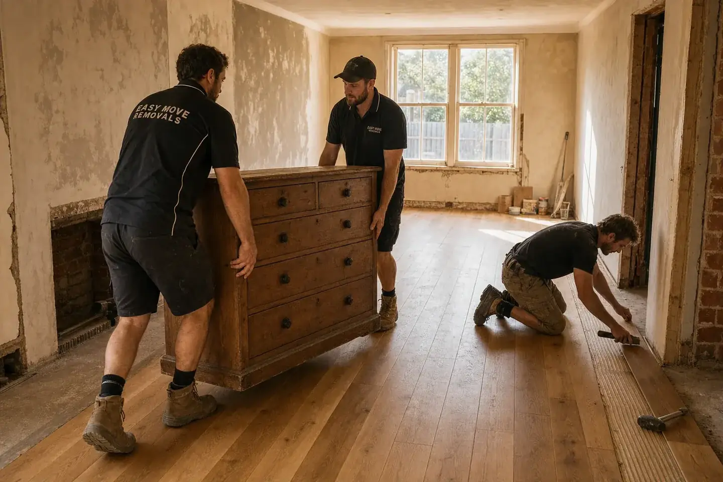 Removalists shifting a heavy dresser while a tradesman lays new timber flooring