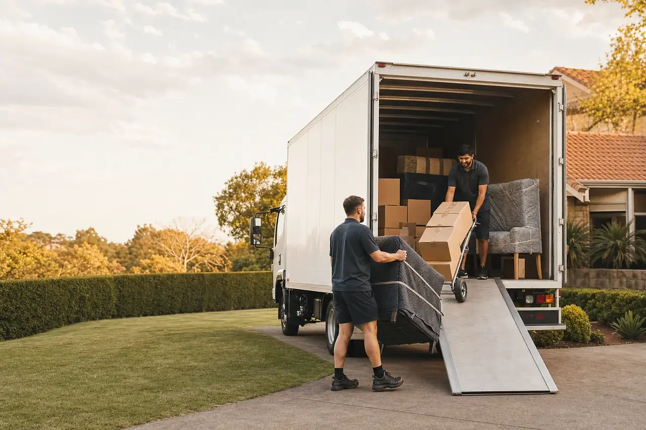 A Perth furniture removalist helping an elderly client on moving day with the moving truck behind